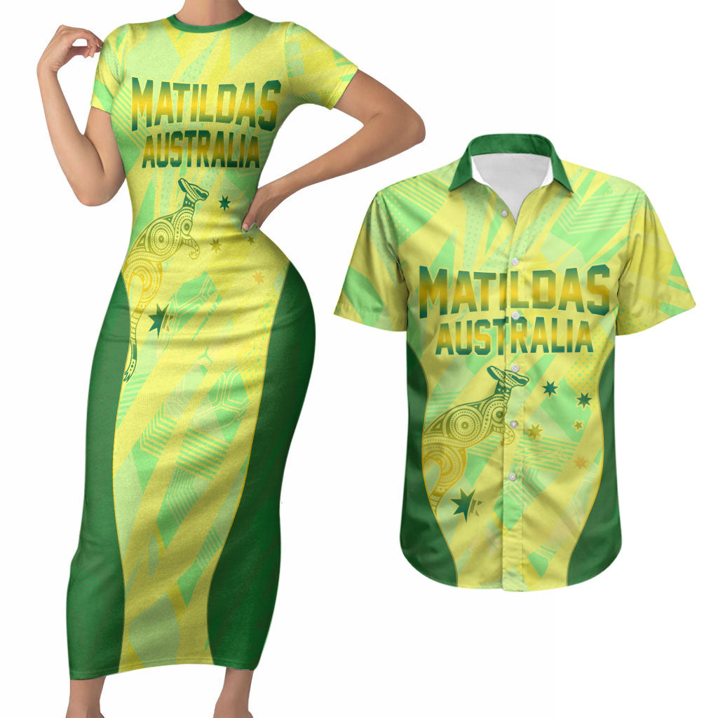 Matildas Australia Go Champions Couples Matching Short Sleeve Bodycon Dress and Hawaiian Shirt Indigenous Dot Art Kangaroo Southern Cross Stars