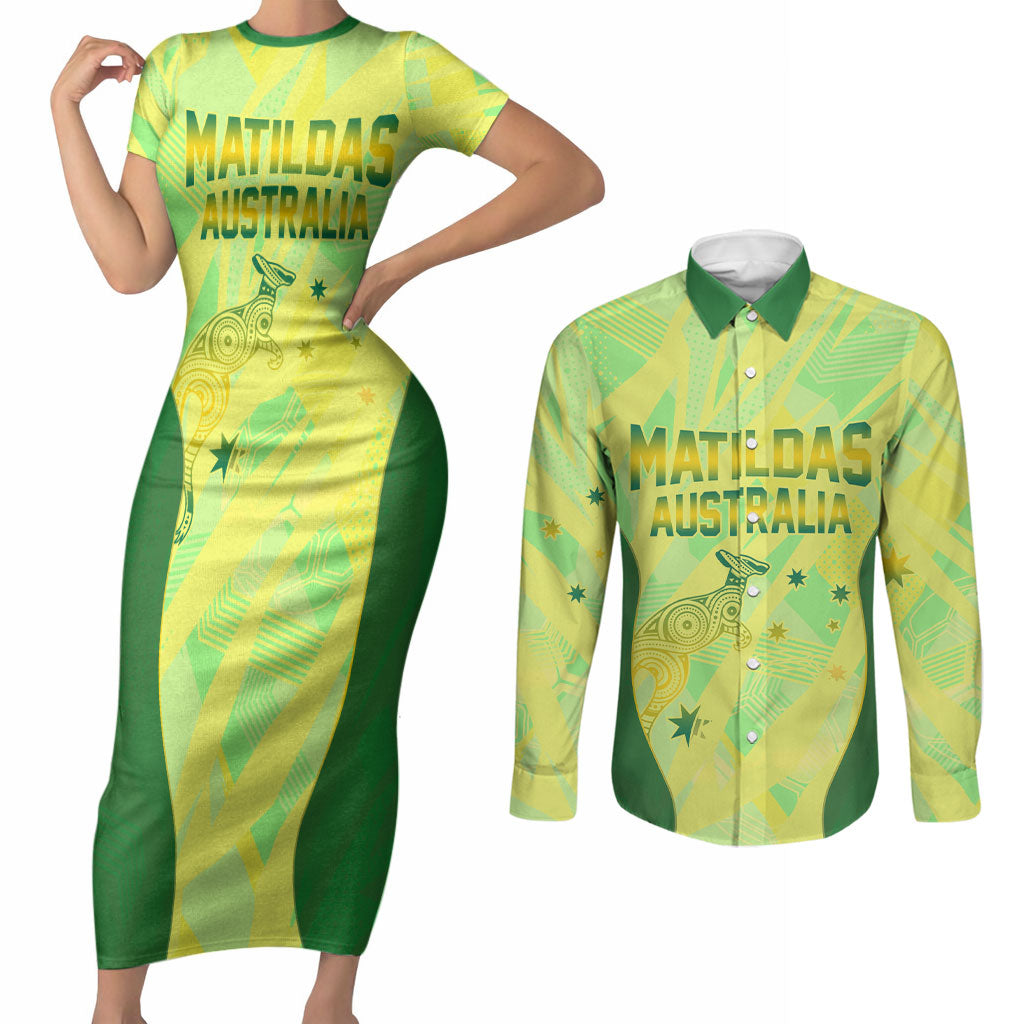 Matildas Australia Go Champions Couples Matching Short Sleeve Bodycon Dress and Long Sleeve Button Shirt Indigenous Dot Art Kangaroo Southern Cross Stars