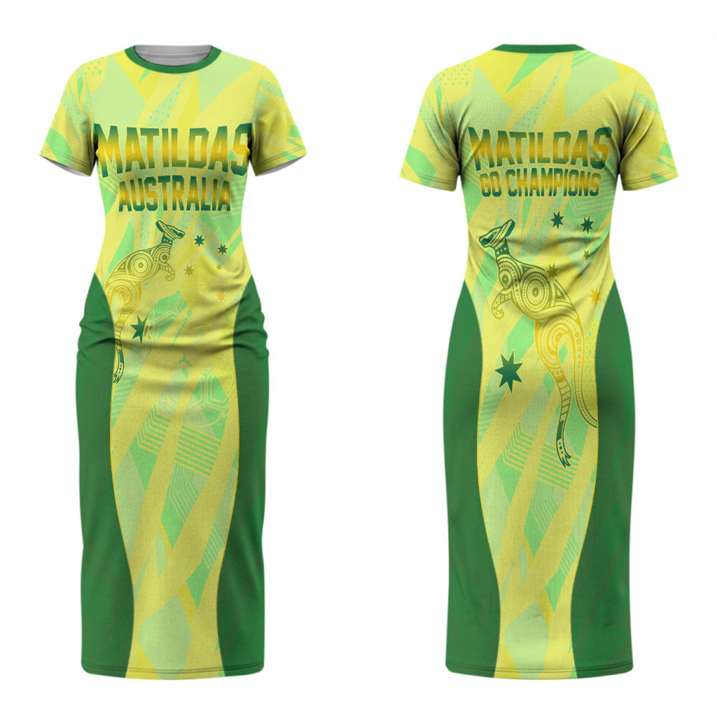 Matildas Australia Go Champions Couples Matching Short Sleeve Bodycon Dress and Long Sleeve Button Shirt Indigenous Dot Art Kangaroo Southern Cross Stars