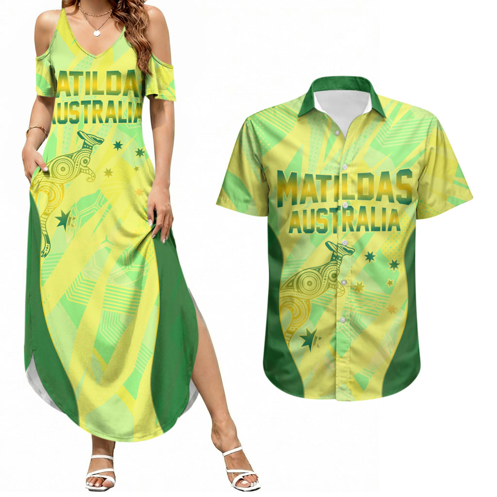 Matildas Australia Go Champions Couples Matching Summer Maxi Dress and Hawaiian Shirt Indigenous Dot Art Kangaroo Southern Cross Stars