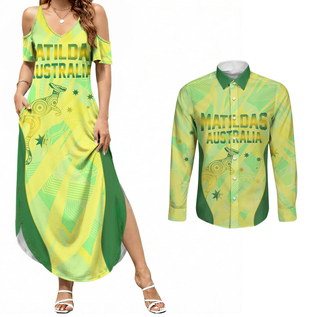 Matildas Australia Go Champions Couples Matching Summer Maxi Dress and Long Sleeve Button Shirt Indigenous Dot Art Kangaroo Southern Cross Stars