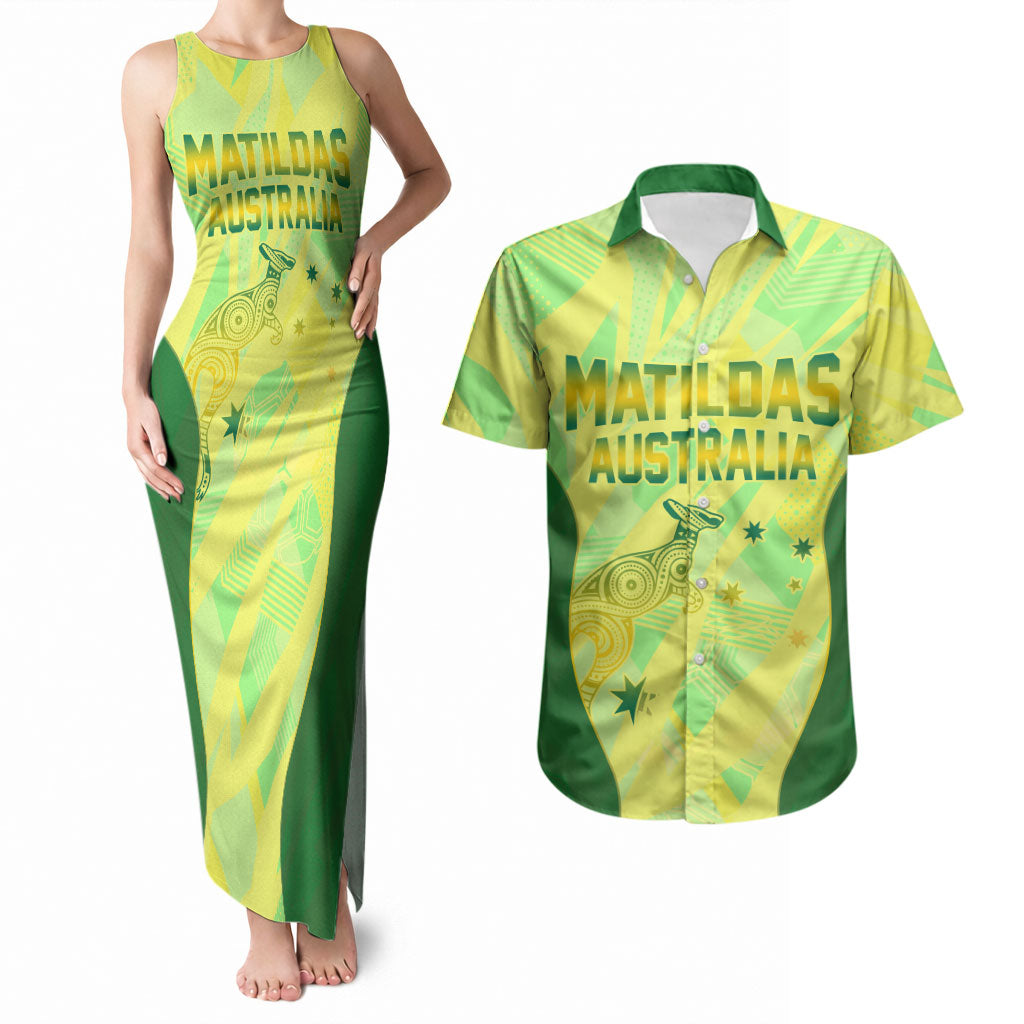 Matildas Australia Go Champions Couples Matching Tank Maxi Dress and Hawaiian Shirt Indigenous Dot Art Kangaroo Southern Cross Stars