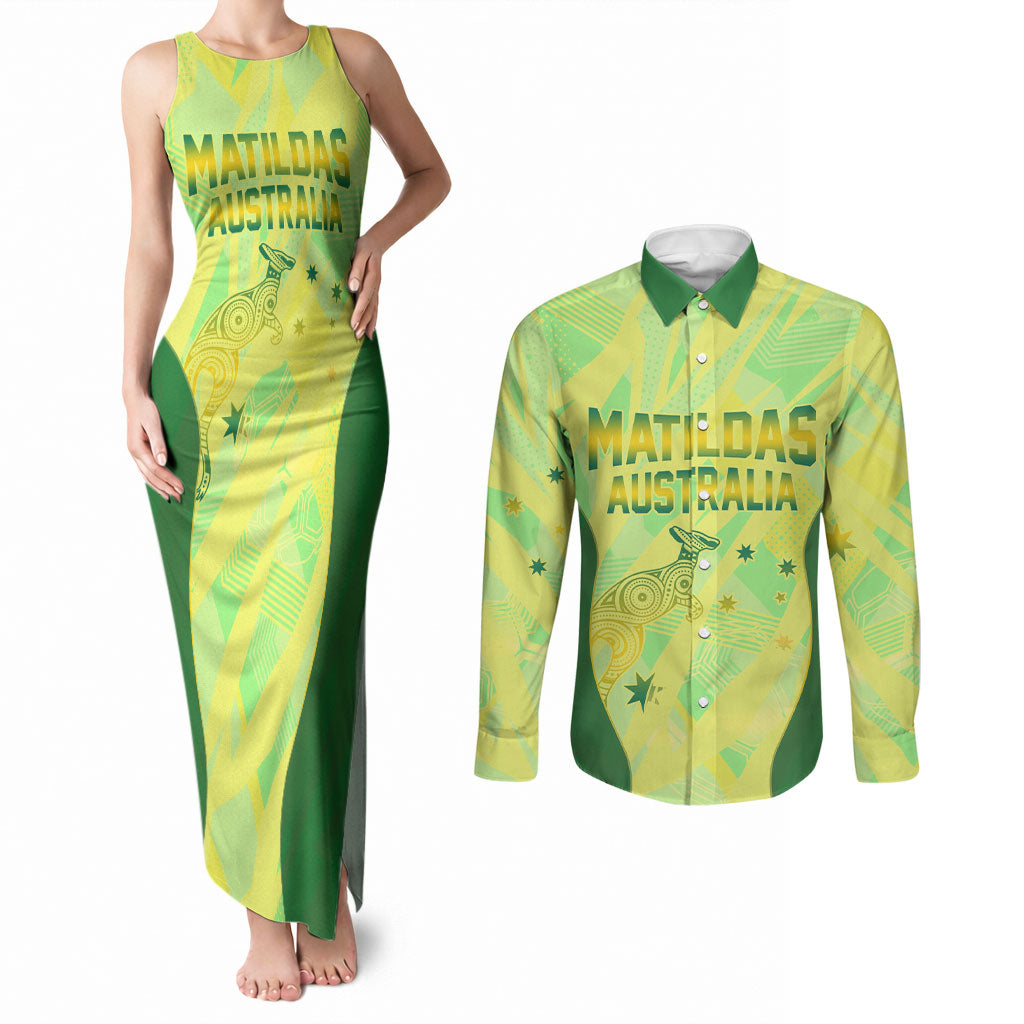 Matildas Australia Go Champions Couples Matching Tank Maxi Dress and Long Sleeve Button Shirt Indigenous Dot Art Kangaroo Southern Cross Stars