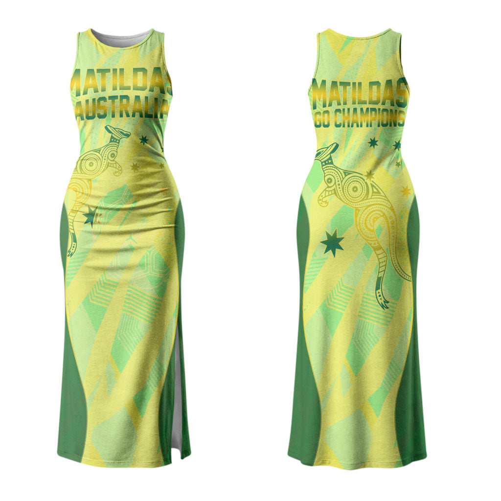 Matildas Australia Go Champions Couples Matching Tank Maxi Dress and Long Sleeve Button Shirt Indigenous Dot Art Kangaroo Southern Cross Stars