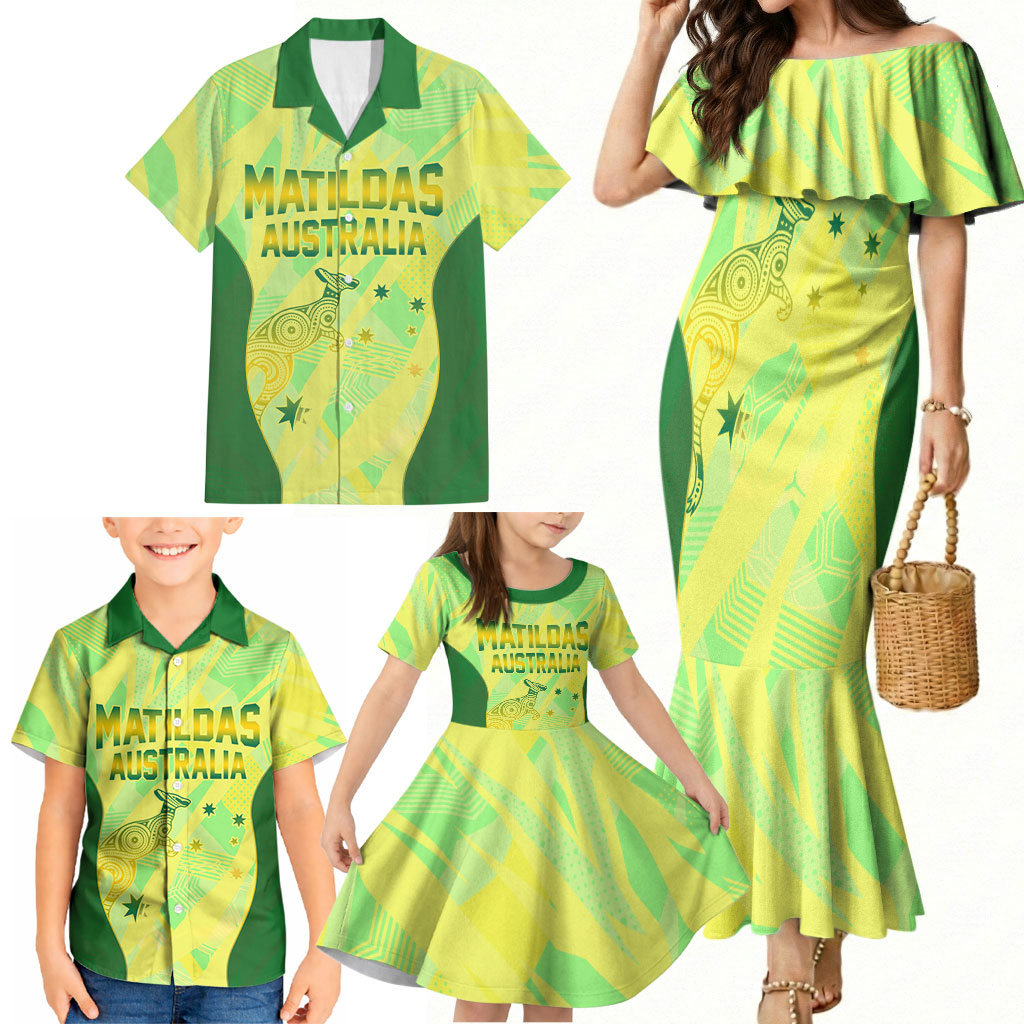 Matildas Australia Go Champions Family Matching Mermaid Dress and Hawaiian Shirt Indigenous Dot Art Kangaroo Southern Cross Stars