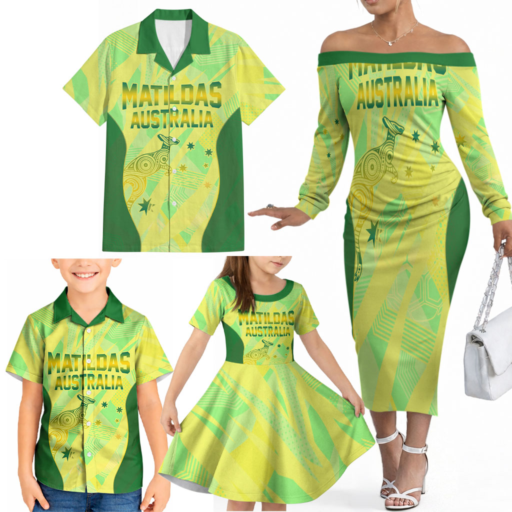 Matildas Australia Go Champions Family Matching Off The Shoulder Long Sleeve Dress and Hawaiian Shirt Indigenous Dot Art Kangaroo Southern Cross Stars