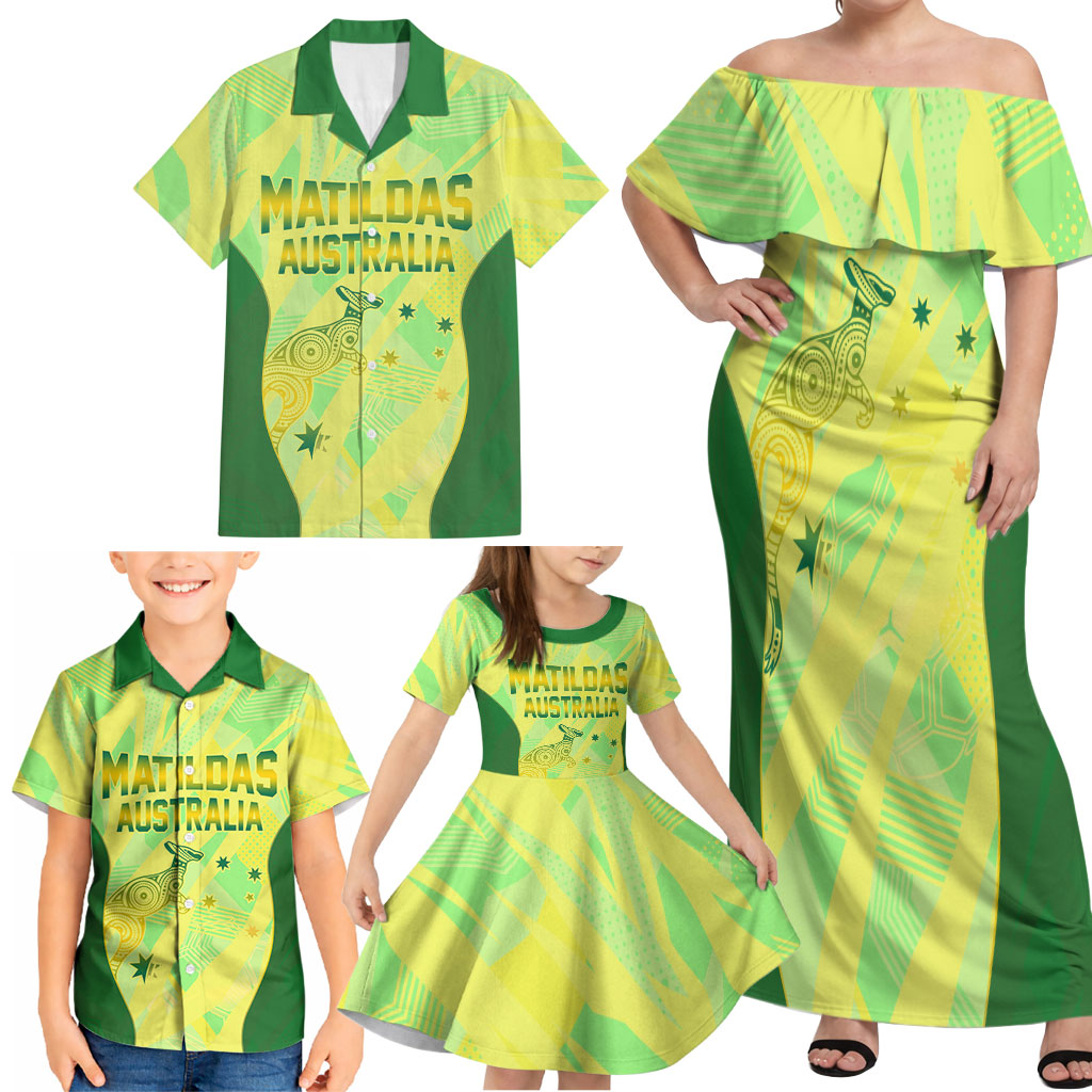 Matildas Australia Go Champions Family Matching Off Shoulder Maxi Dress and Hawaiian Shirt Indigenous Dot Art Kangaroo Southern Cross Stars