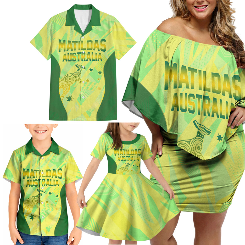 Matildas Australia Go Champions Family Matching Off Shoulder Short Dress and Hawaiian Shirt Indigenous Dot Art Kangaroo Southern Cross Stars