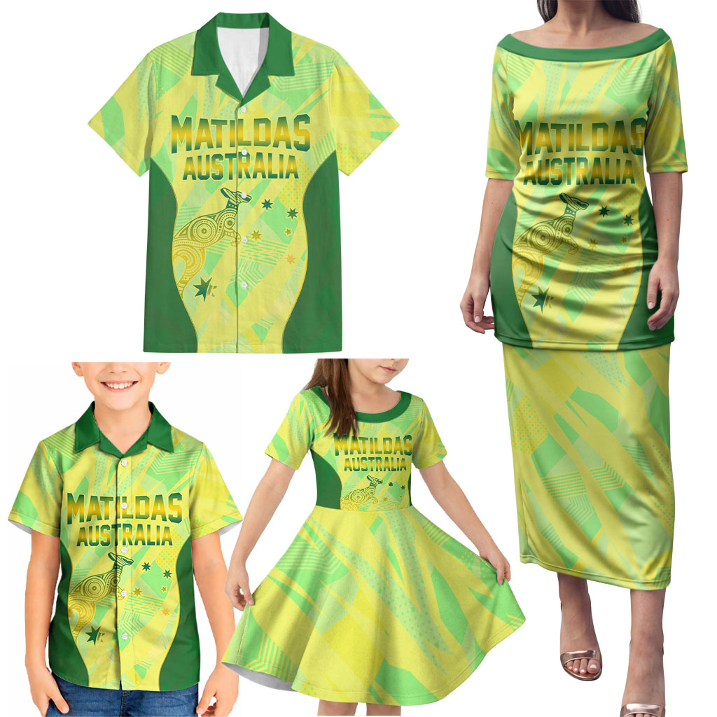 Matildas Australia Go Champions Family Matching Puletasi and Hawaiian Shirt Indigenous Dot Art Kangaroo Southern Cross Stars
