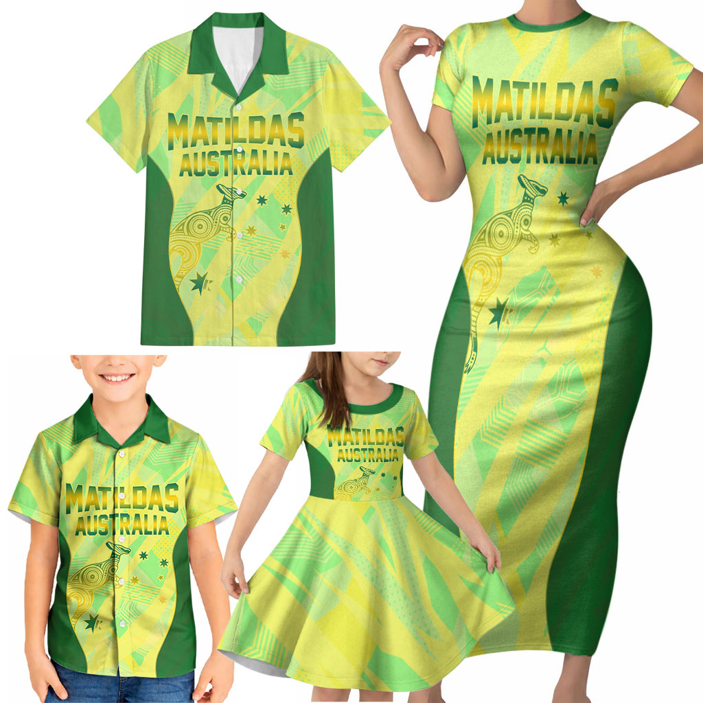 Matildas Australia Go Champions Family Matching Short Sleeve Bodycon Dress and Hawaiian Shirt Indigenous Dot Art Kangaroo Southern Cross Stars
