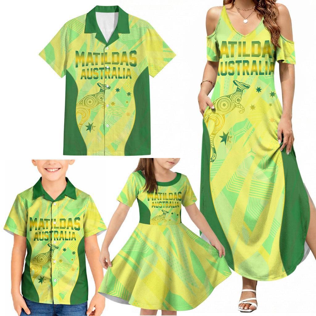 Matildas Australia Go Champions Family Matching Summer Maxi Dress and Hawaiian Shirt Indigenous Dot Art Kangaroo Southern Cross Stars