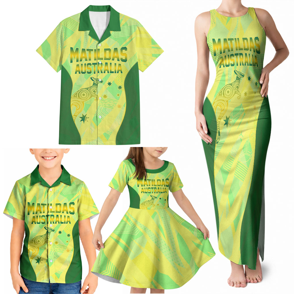Matildas Australia Go Champions Family Matching Tank Maxi Dress and Hawaiian Shirt Indigenous Dot Art Kangaroo Southern Cross Stars