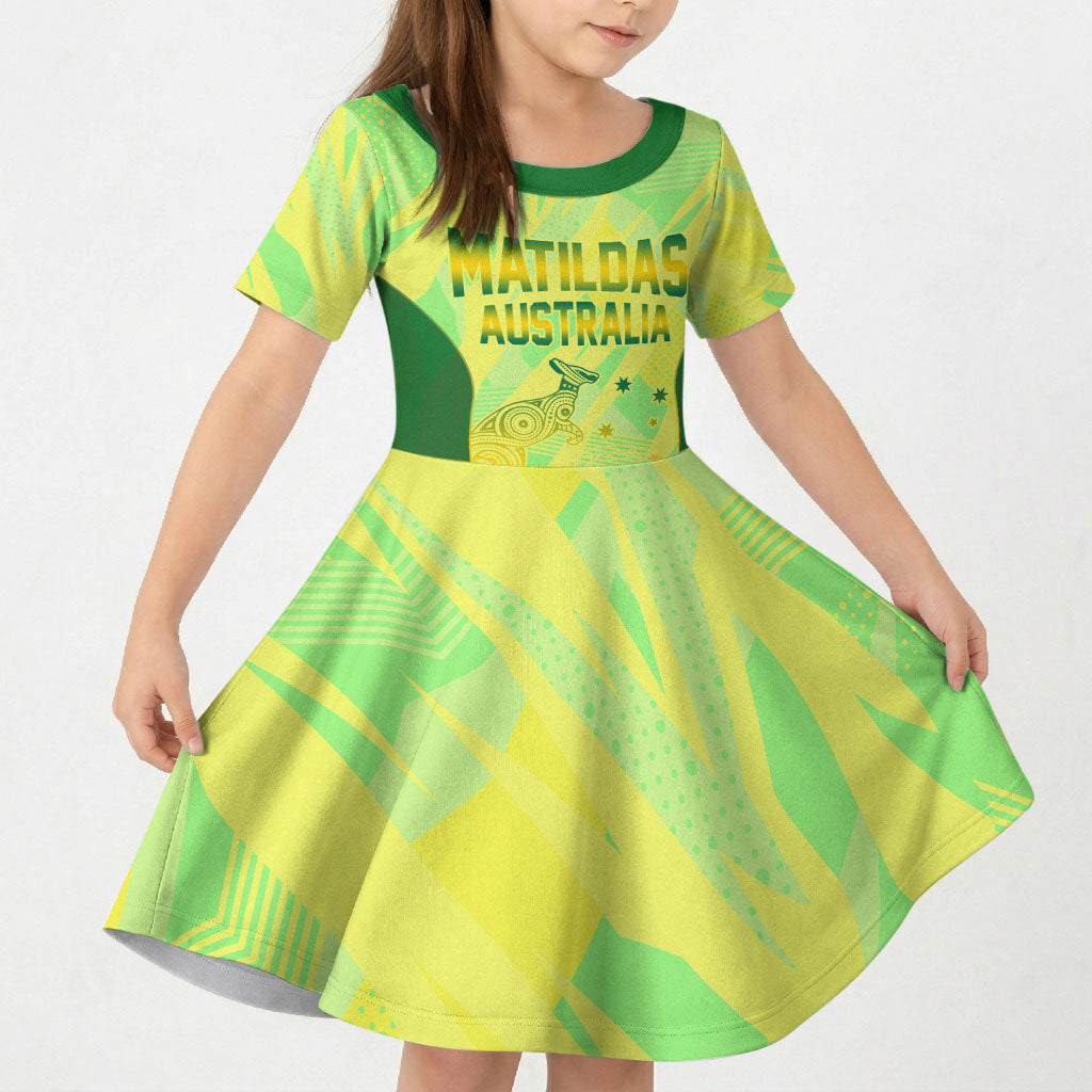 Matildas Australia Go Champions Kid Short Sleeve Dress Indigenous Dot Art Kangaroo Southern Cross Stars