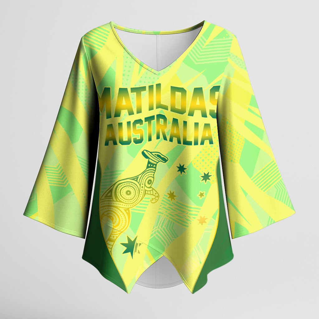 Matildas Australia Go Champions Kimono Sleeve Blouse Indigenous Dot Art Kangaroo Southern Cross Stars