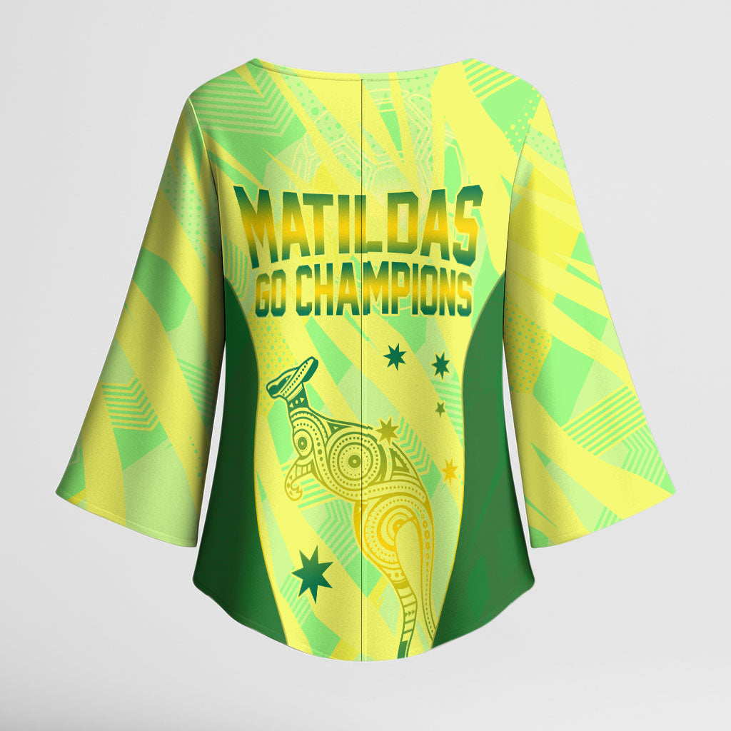 Matildas Australia Go Champions Kimono Sleeve Blouse Indigenous Dot Art Kangaroo Southern Cross Stars