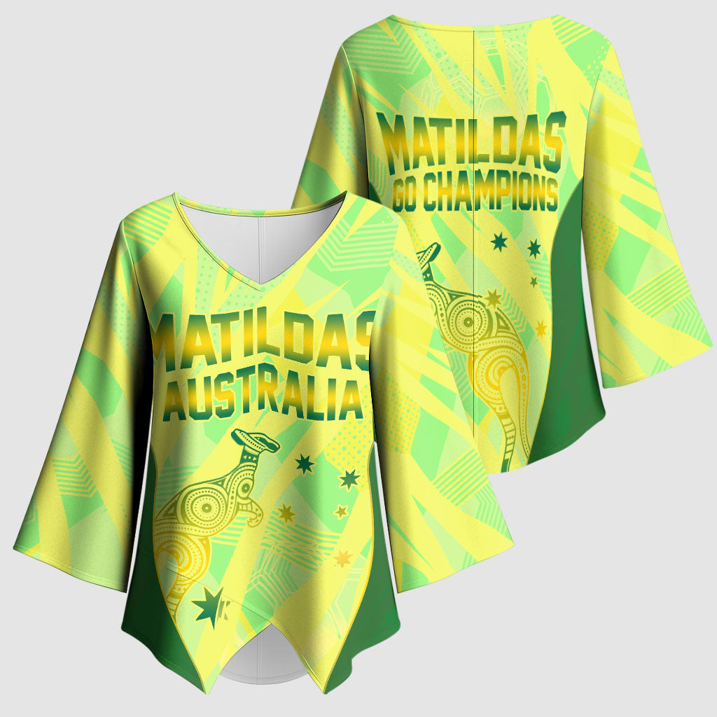 Matildas Australia Go Champions Kimono Sleeve Blouse Indigenous Dot Art Kangaroo Southern Cross Stars