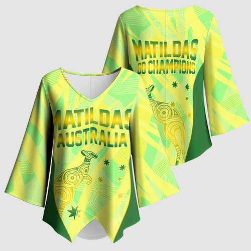 Matildas Australia Go Champions Kimono Sleeve Blouse Indigenous Dot Art Kangaroo Southern Cross Stars