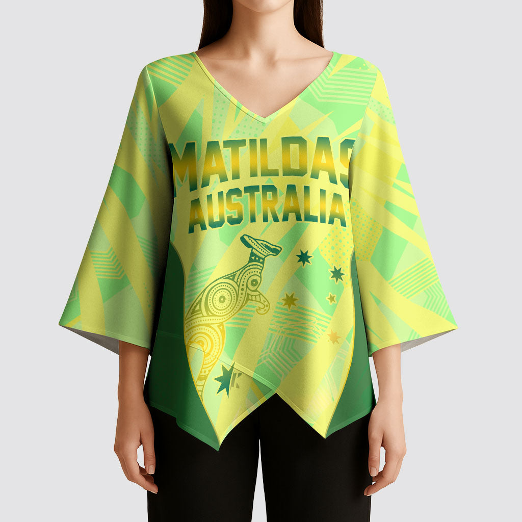 Matildas Australia Go Champions Kimono Sleeve Blouse Indigenous Dot Art Kangaroo Southern Cross Stars