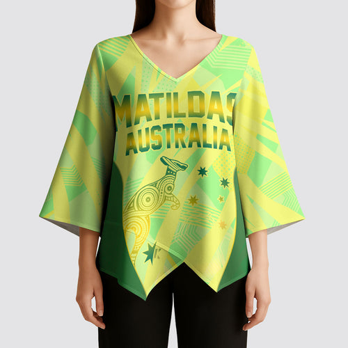 Matildas Australia Go Champions Kimono Sleeve Blouse Indigenous Dot Art Kangaroo Southern Cross Stars