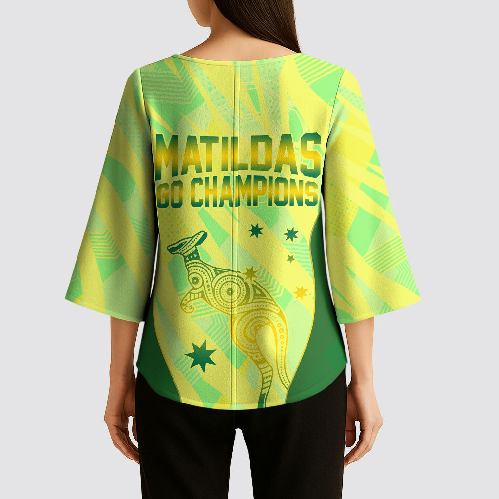 Matildas Australia Go Champions Kimono Sleeve Blouse Indigenous Dot Art Kangaroo Southern Cross Stars