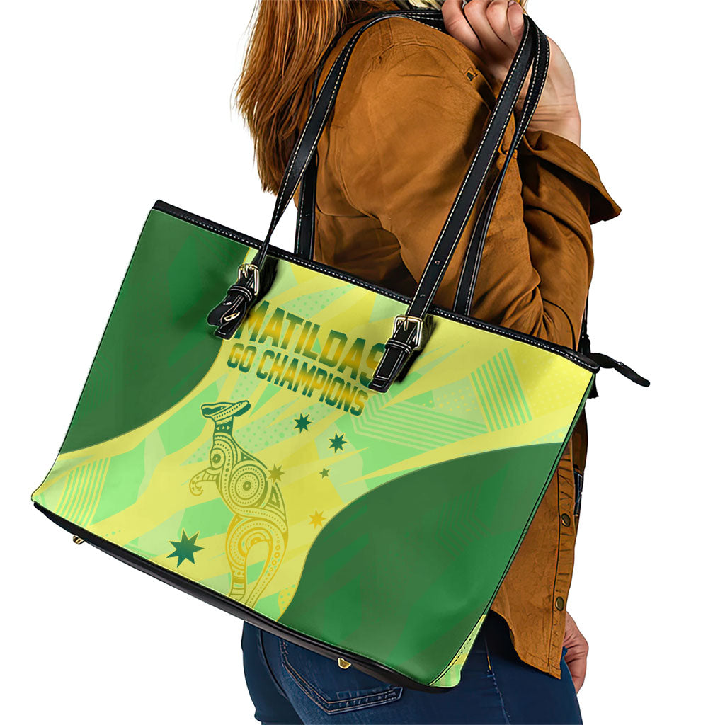 Matildas Australia Go Champions Leather Tote Bag Indigenous Dot Art Kangaroo Southern Cross Stars