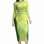 Matildas Australia Go Champions Long Sleeve Bodycon Dress Indigenous Dot Art Kangaroo Southern Cross Stars