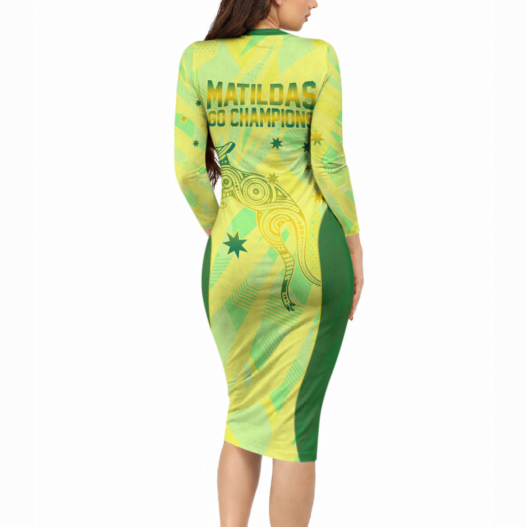 Matildas Australia Go Champions Long Sleeve Bodycon Dress Indigenous Dot Art Kangaroo Southern Cross Stars