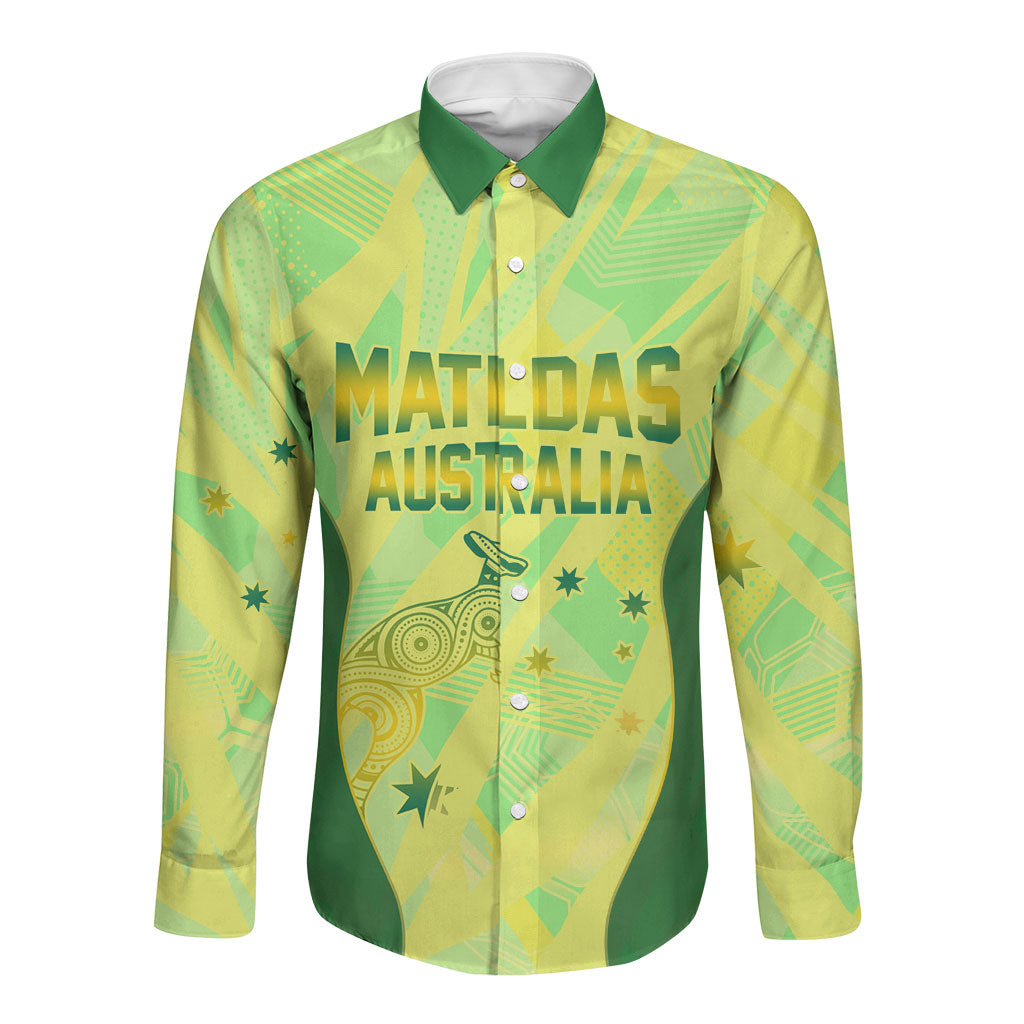 Matildas Australia Go Champions Long Sleeve Button Shirt Indigenous Dot Art Kangaroo Southern Cross Stars