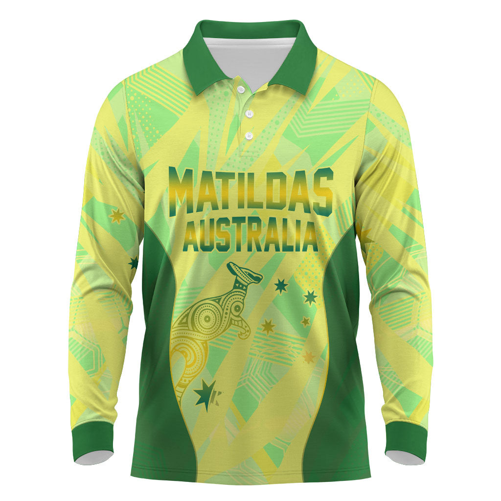 Matildas Australia Go Champions Long Sleeve Polo Shirt Indigenous Dot Art Kangaroo Southern Cross Stars