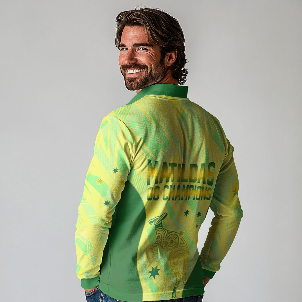 Matildas Australia Go Champions Long Sleeve Polo Shirt Indigenous Dot Art Kangaroo Southern Cross Stars