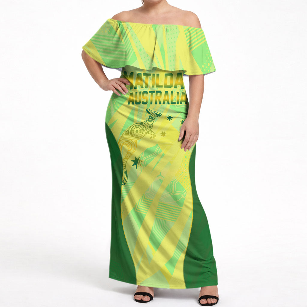 Matildas Australia Go Champions Off Shoulder Maxi Dress Indigenous Dot Art Kangaroo Southern Cross Stars