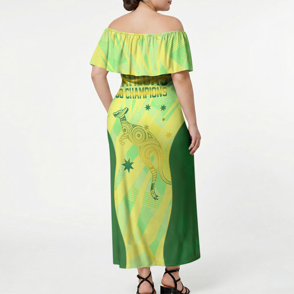 Matildas Australia Go Champions Off Shoulder Maxi Dress Indigenous Dot Art Kangaroo Southern Cross Stars