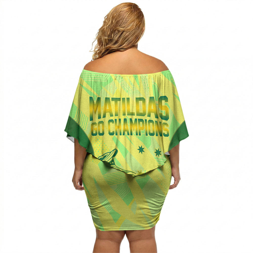 Matildas Australia Go Champions Off Shoulder Short Dress Indigenous Dot Art Kangaroo Southern Cross Stars