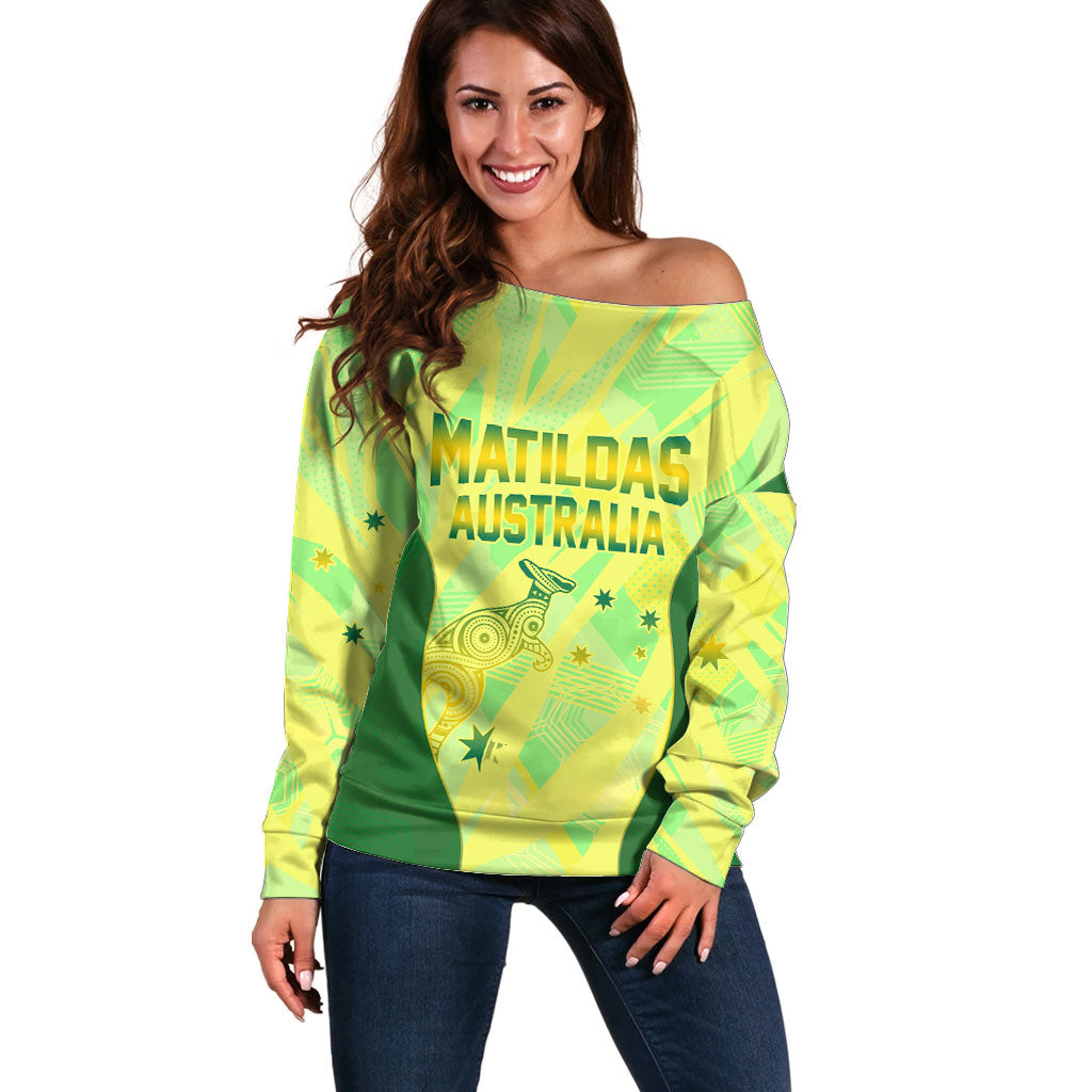 Matildas Australia Go Champions Off Shoulder Sweater Indigenous Dot Art Kangaroo Southern Cross Stars
