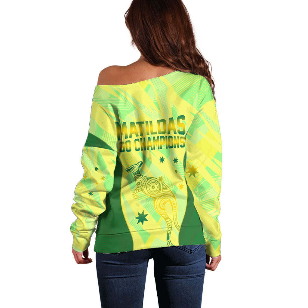 Matildas Australia Go Champions Off Shoulder Sweater Indigenous Dot Art Kangaroo Southern Cross Stars