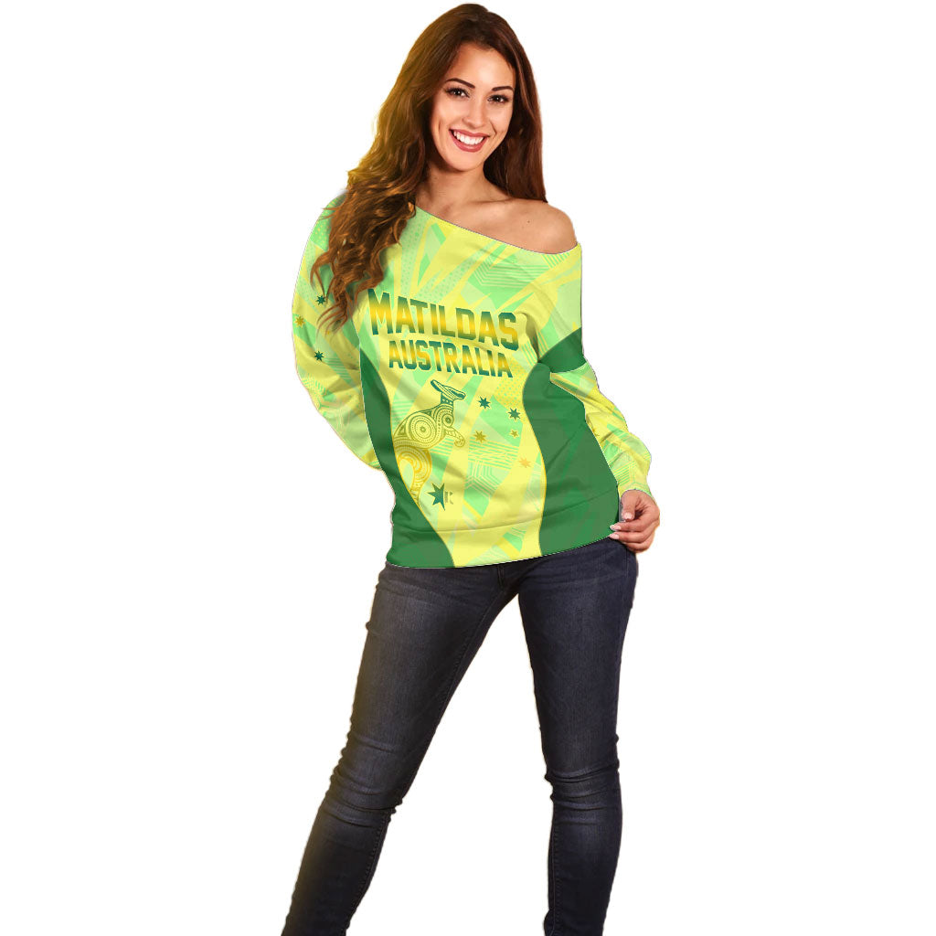 Matildas Australia Go Champions Off Shoulder Sweater Indigenous Dot Art Kangaroo Southern Cross Stars