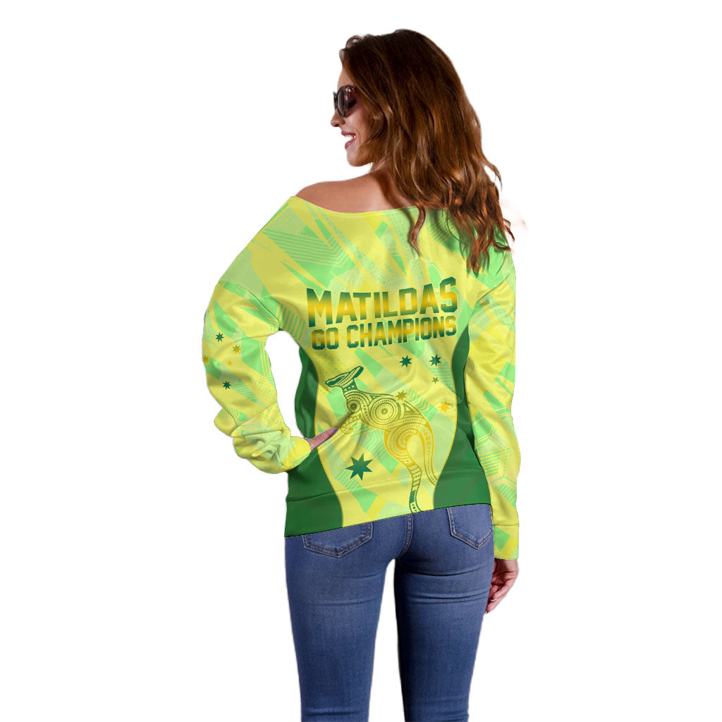 Matildas Australia Go Champions Off Shoulder Sweater Indigenous Dot Art Kangaroo Southern Cross Stars