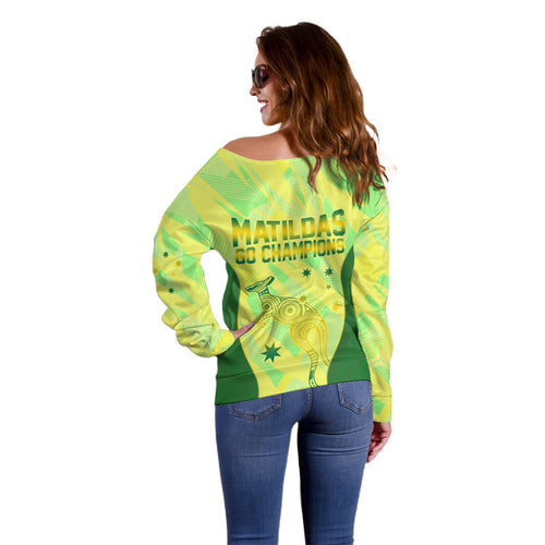 Matildas Australia Go Champions Off Shoulder Sweater Indigenous Dot Art Kangaroo Southern Cross Stars