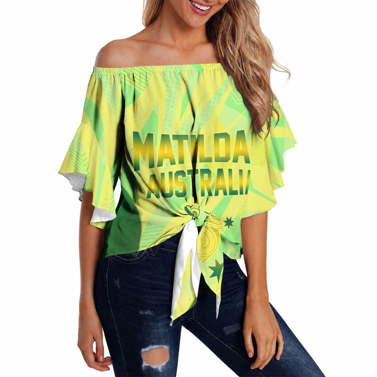 Matildas Australia Go Champions Off Shoulder Wrap Waist Top Indigenous Dot Art Kangaroo Southern Cross Stars
