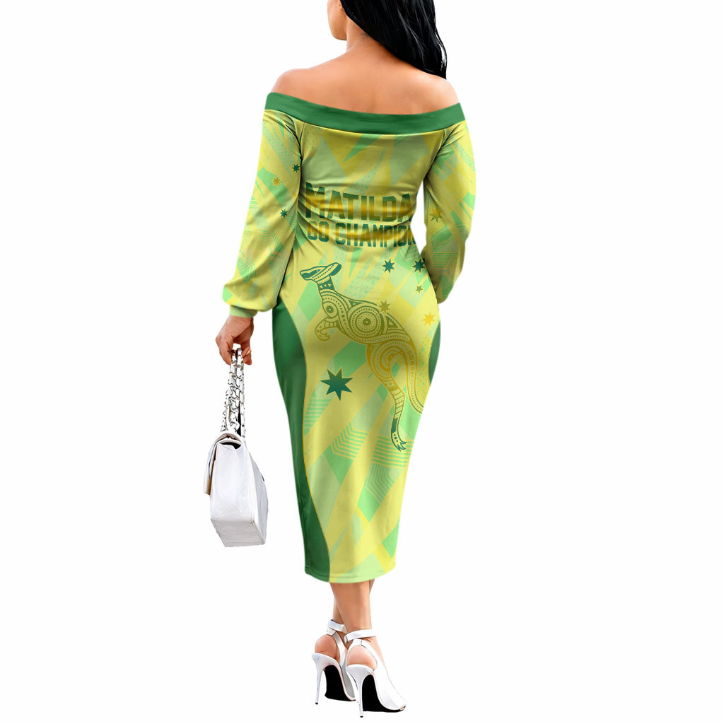 Matildas Australia Go Champions Off The Shoulder Long Sleeve Dress Indigenous Dot Art Kangaroo Southern Cross Stars
