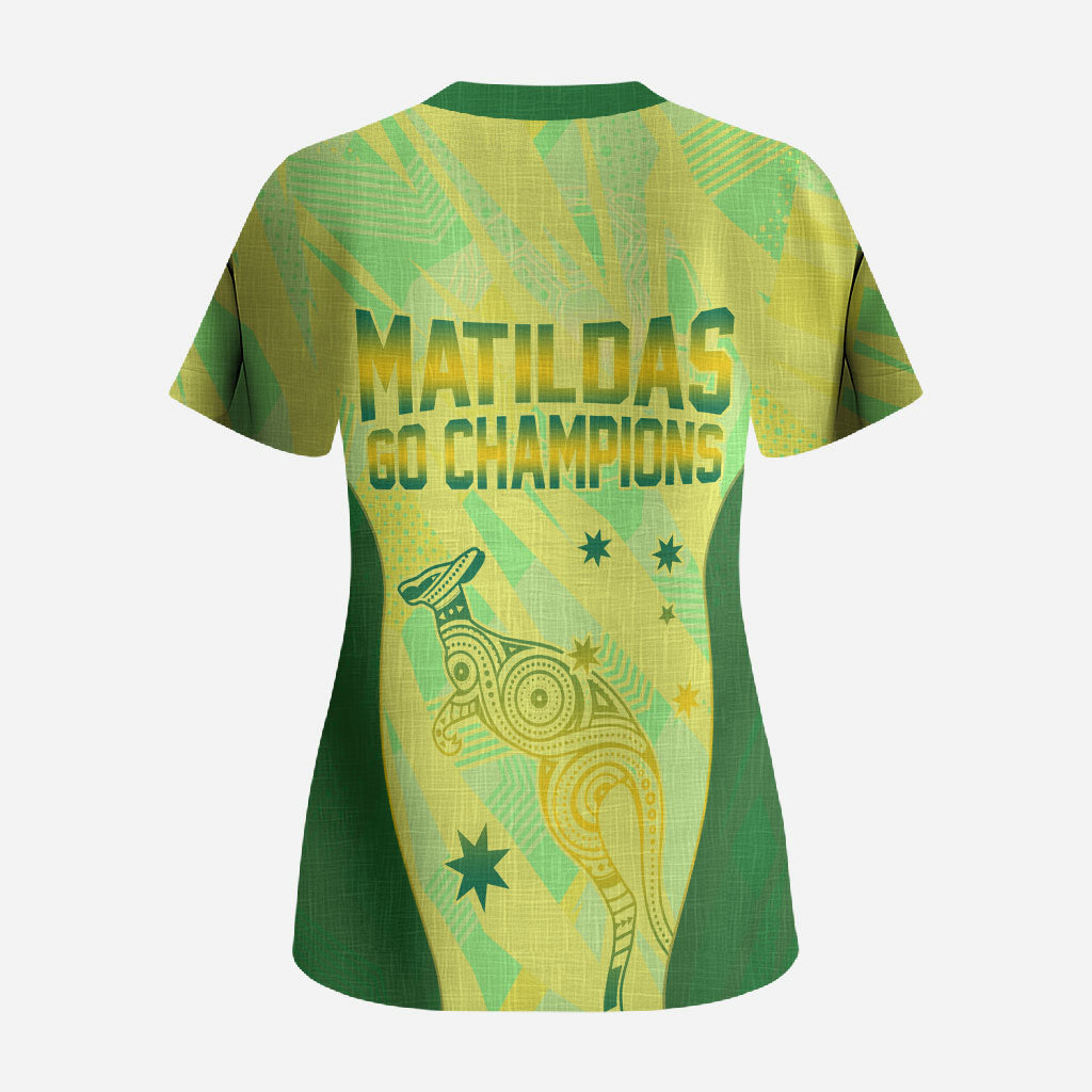 Matildas Australia Go Champions Scrub Top Indigenous Dot Art Kangaroo Southern Cross Stars