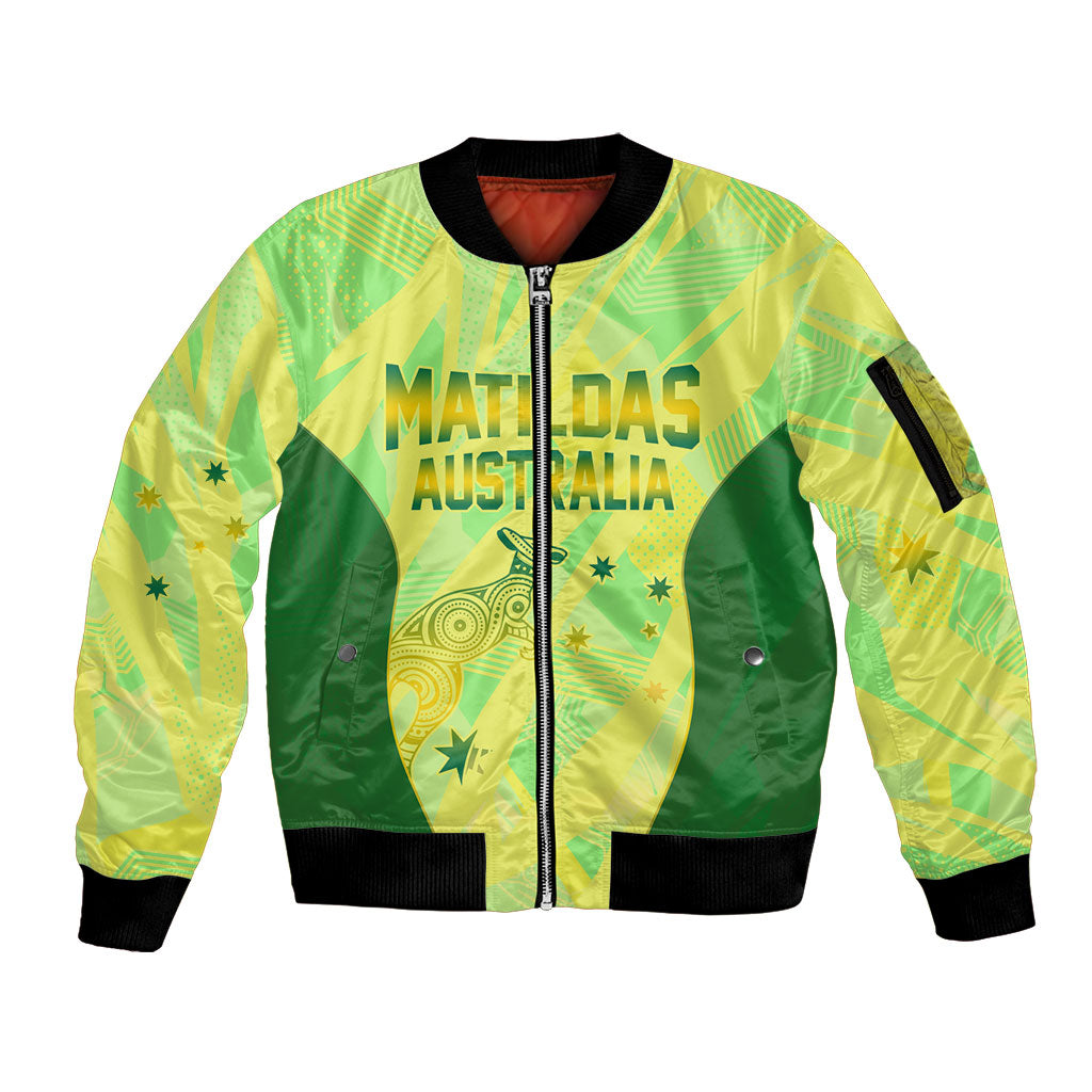 Matildas Australia Go Champions Sleeve Zip Bomber Jacket Indigenous Dot Art Kangaroo Southern Cross Stars
