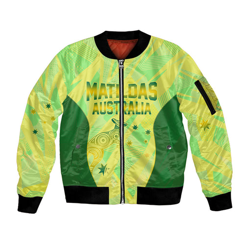 Matildas Australia Go Champions Sleeve Zip Bomber Jacket Indigenous Dot Art Kangaroo Southern Cross Stars