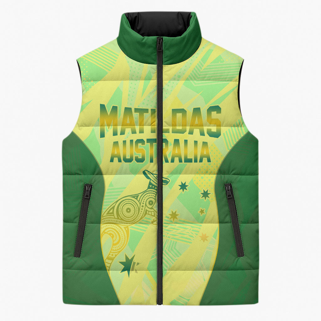 Matildas Australia Go Champions Sleeveless Puffer Jacket Indigenous Dot Art Kangaroo Southern Cross Stars