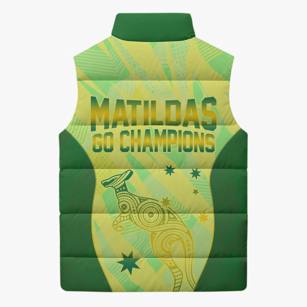 Matildas Australia Go Champions Sleeveless Puffer Jacket Indigenous Dot Art Kangaroo Southern Cross Stars