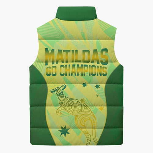 Matildas Australia Go Champions Sleeveless Puffer Jacket Indigenous Dot Art Kangaroo Southern Cross Stars