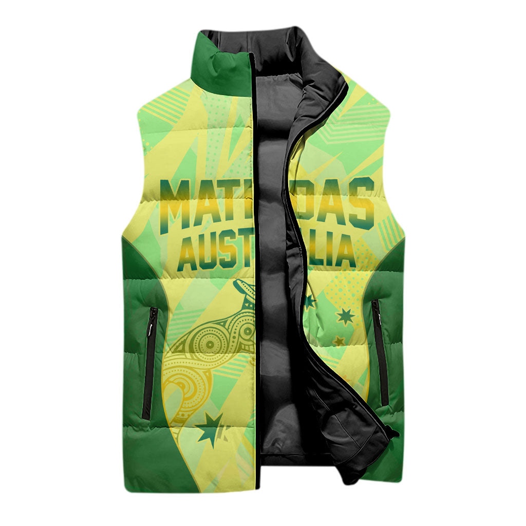 Matildas Australia Go Champions Sleeveless Puffer Jacket Indigenous Dot Art Kangaroo Southern Cross Stars