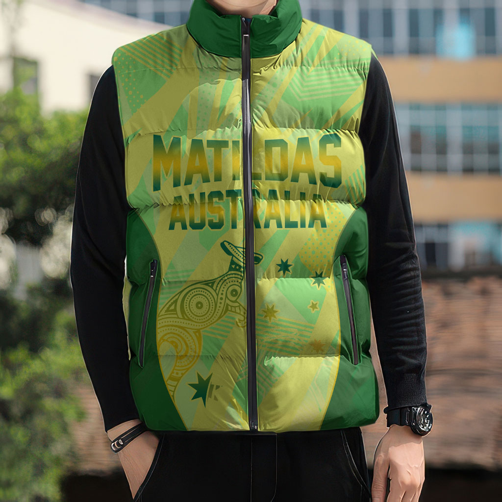 Matildas Australia Go Champions Sleeveless Puffer Jacket Indigenous Dot Art Kangaroo Southern Cross Stars