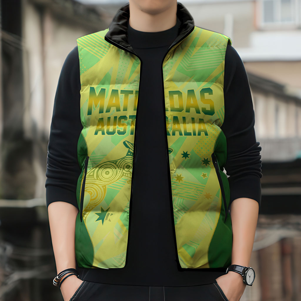 Matildas Australia Go Champions Sleeveless Puffer Jacket Indigenous Dot Art Kangaroo Southern Cross Stars