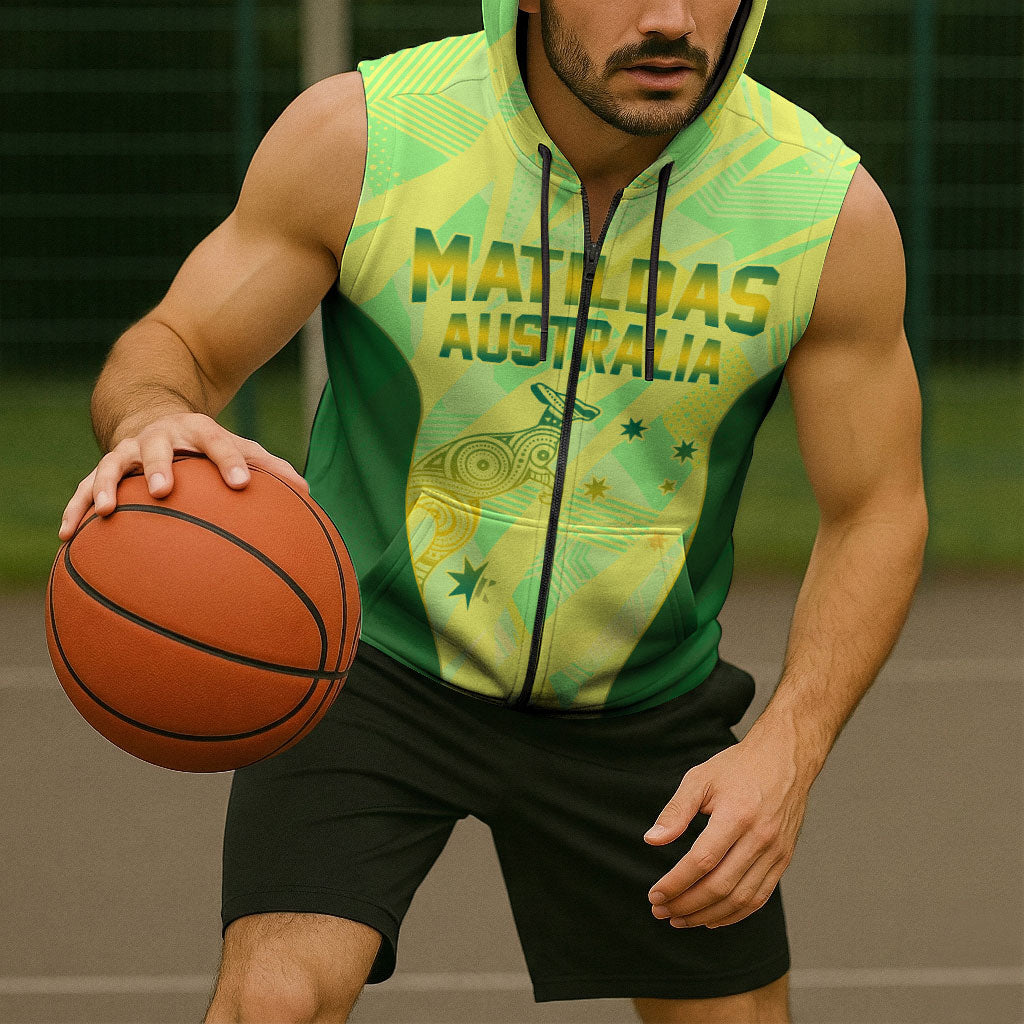 Matildas Australia Go Champions Sleeveless Zip Hoodie Indigenous Dot Art Kangaroo Southern Cross Stars